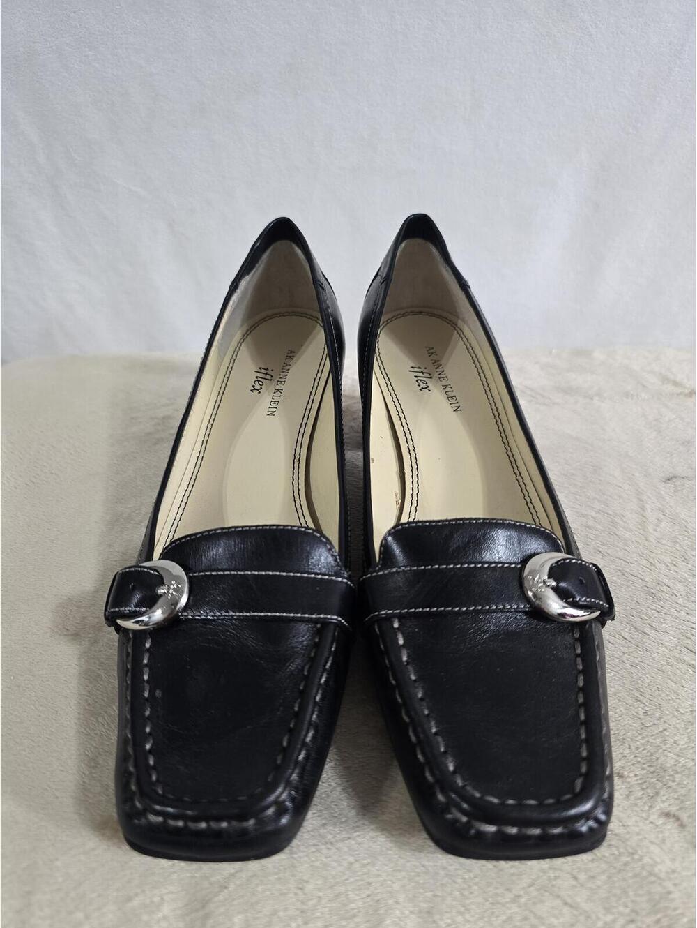 AK Anne Klein Black Leather Loafer Pumps Size 7.5M